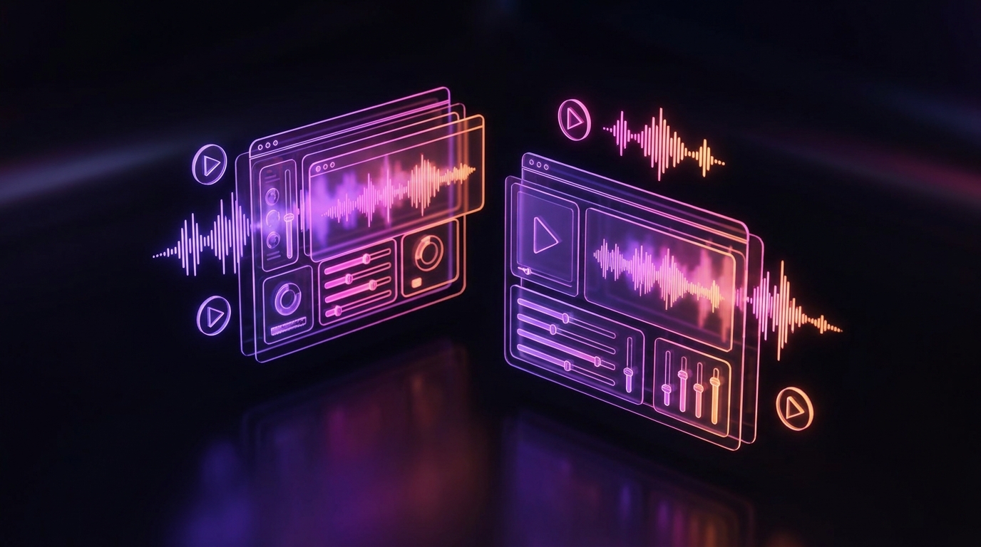 3D editorial illustration comparing two futuristic AI video editing workstations with glowing neon accents.