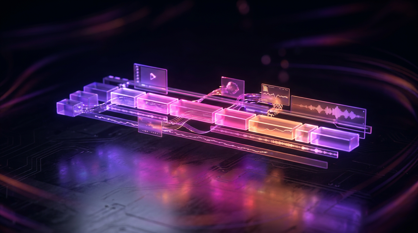 3D futuristic video editing timeline with glowing neon purple and orange AI elements