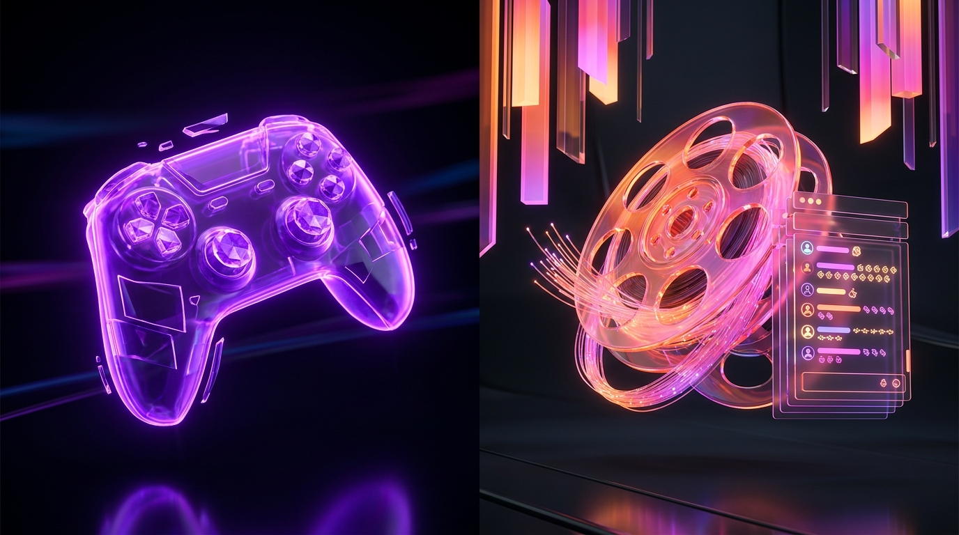Futuristic game controller and robotic eye glowing with neon purple and orange