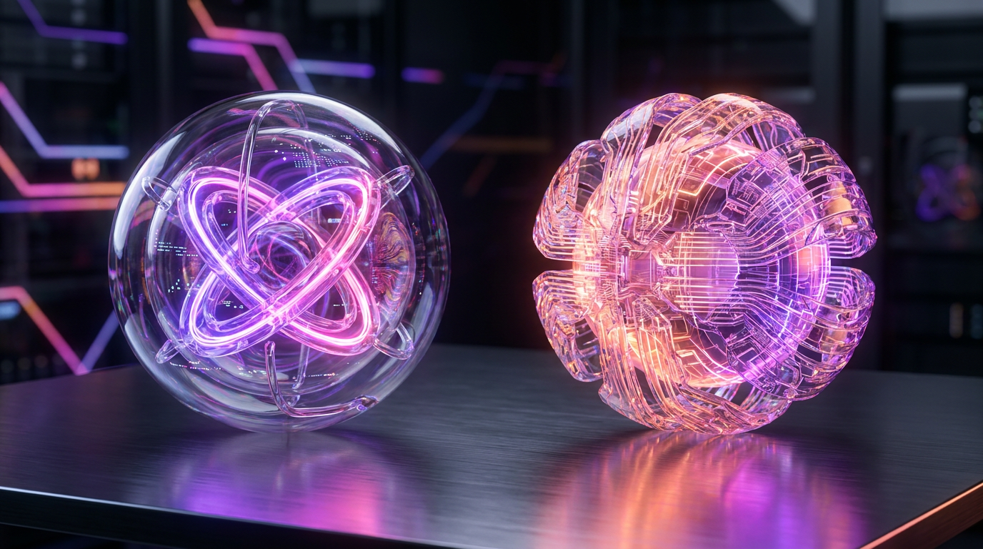 Split conceptual 3D render showing video extraction on left and text-to-video on right