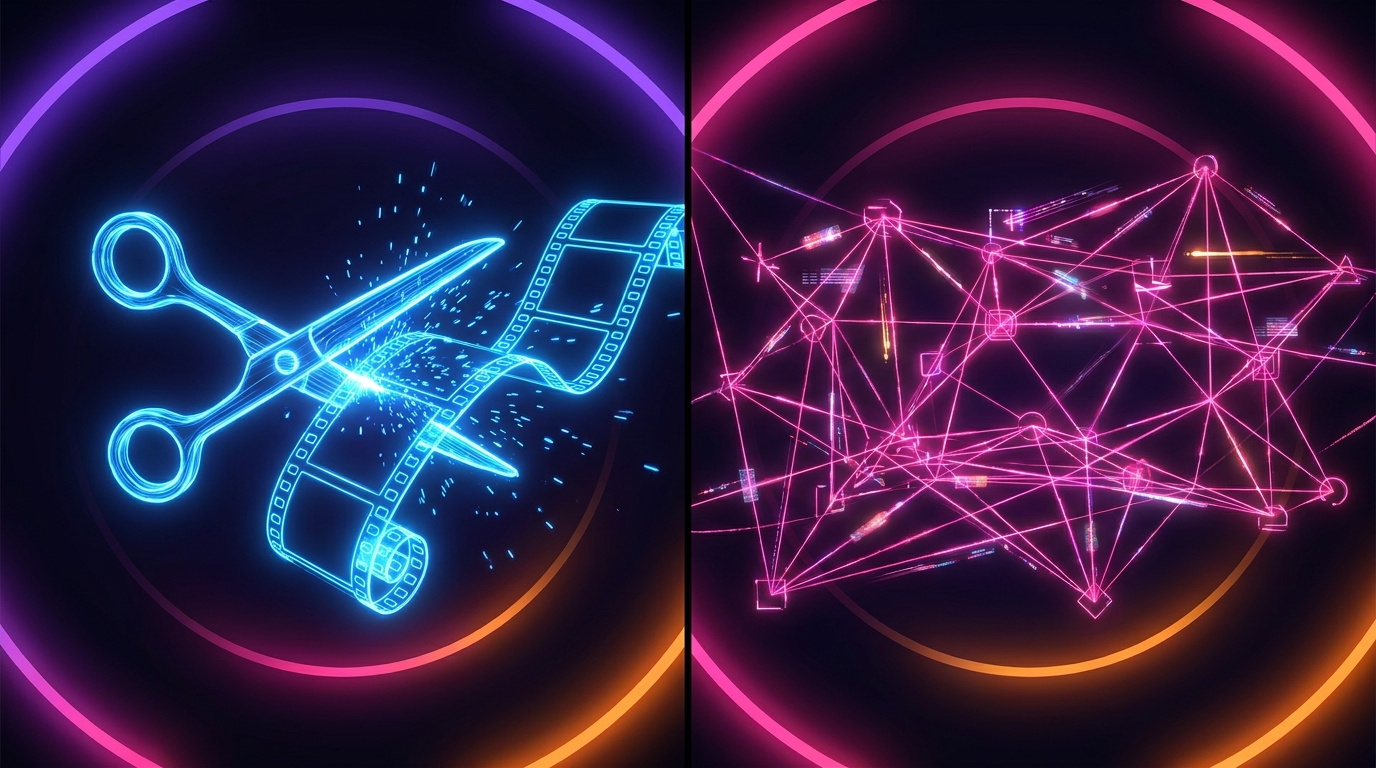Split screen graphic comparing AI video processing to automated social media distribution networks