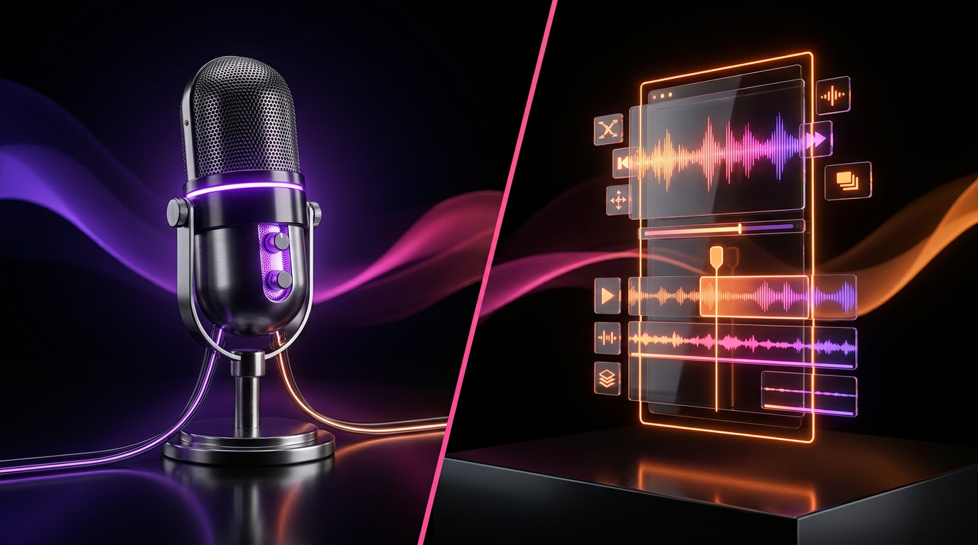 Digital scale balancing a microphone and scissors with neon purple and orange lighting
