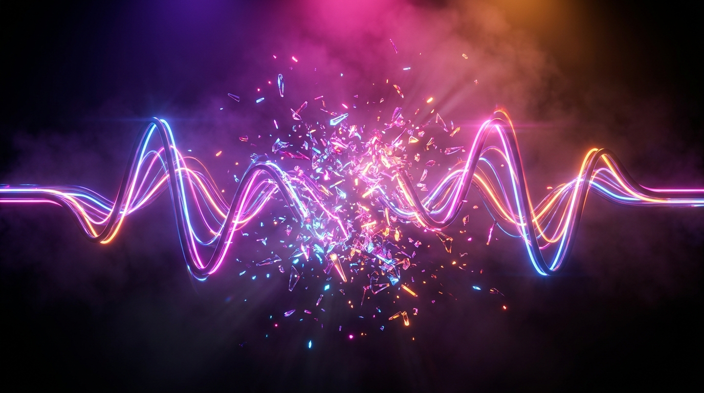 Two floating holographic AI video editing interfaces glowing in neon purple and orange.