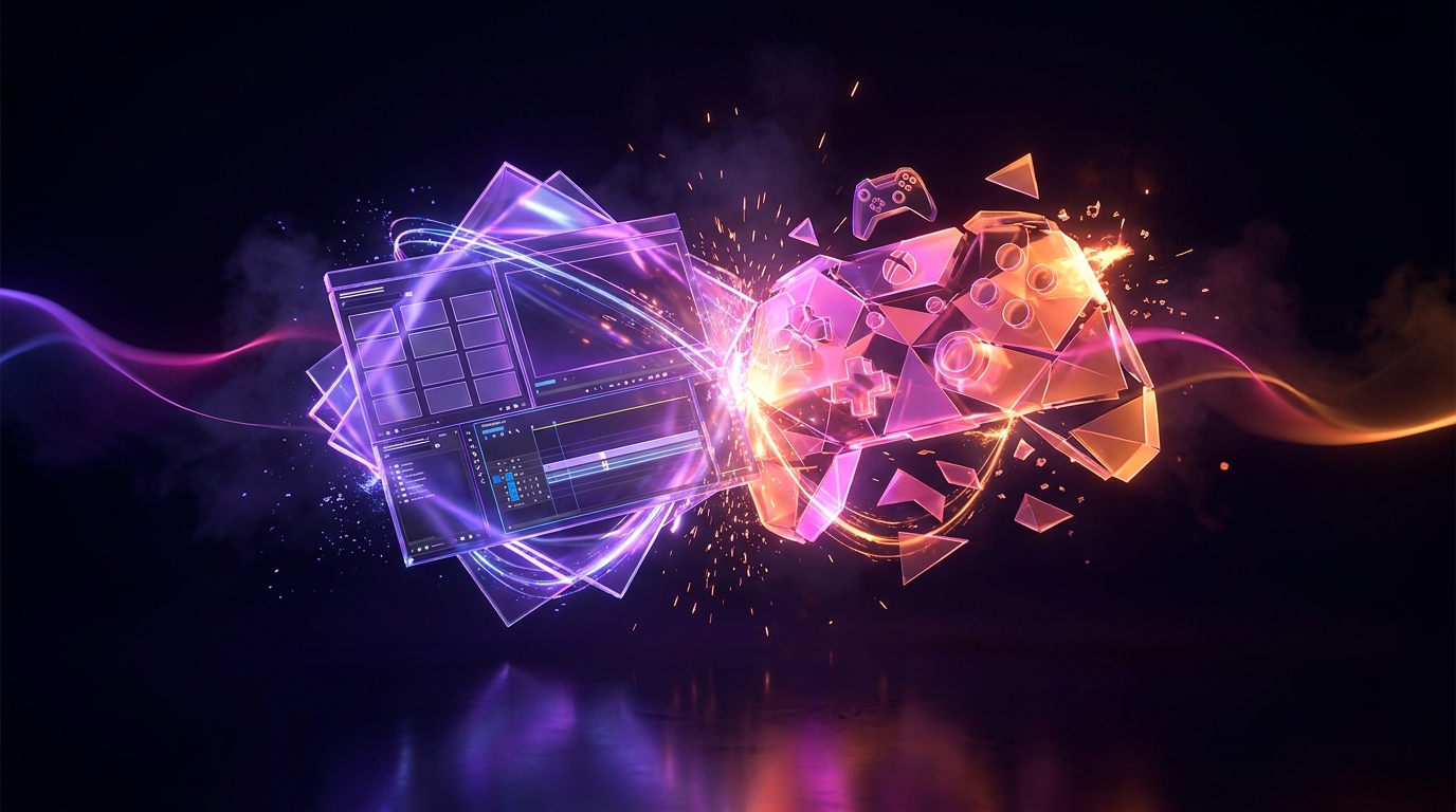 Bright geometric shapes colliding on a dark background with purple and orange neon