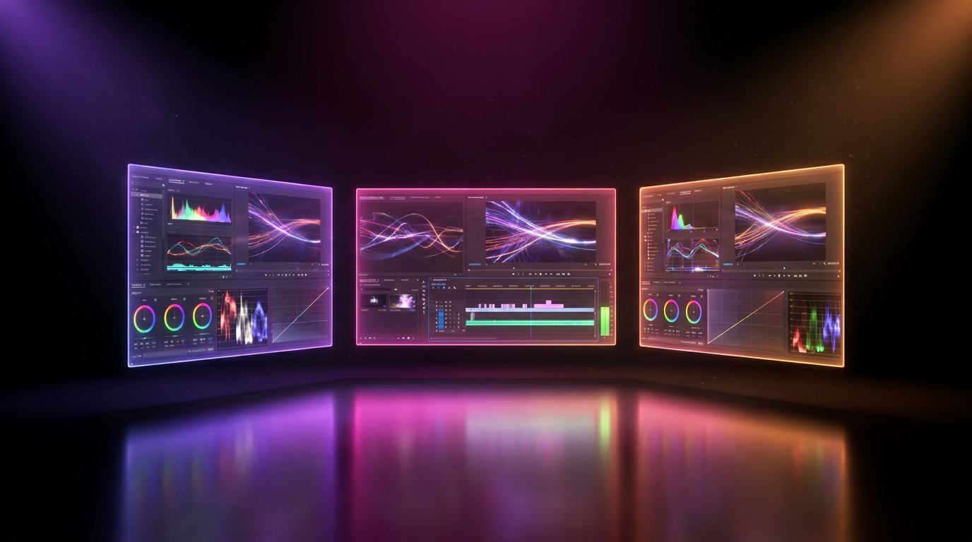 A futuristic video editing timeline glowing with neon purple and orange analytics