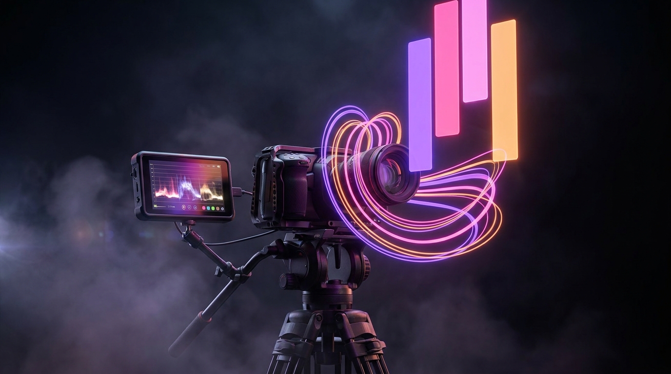 Professional podcast camera setup with dark background and neon gradient lighting