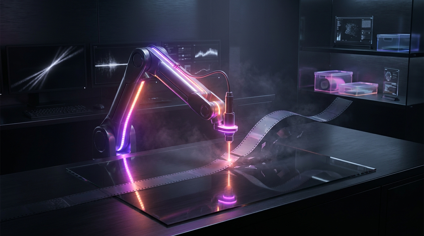 Futuristic video editing command center with glowing neon screens and analytics