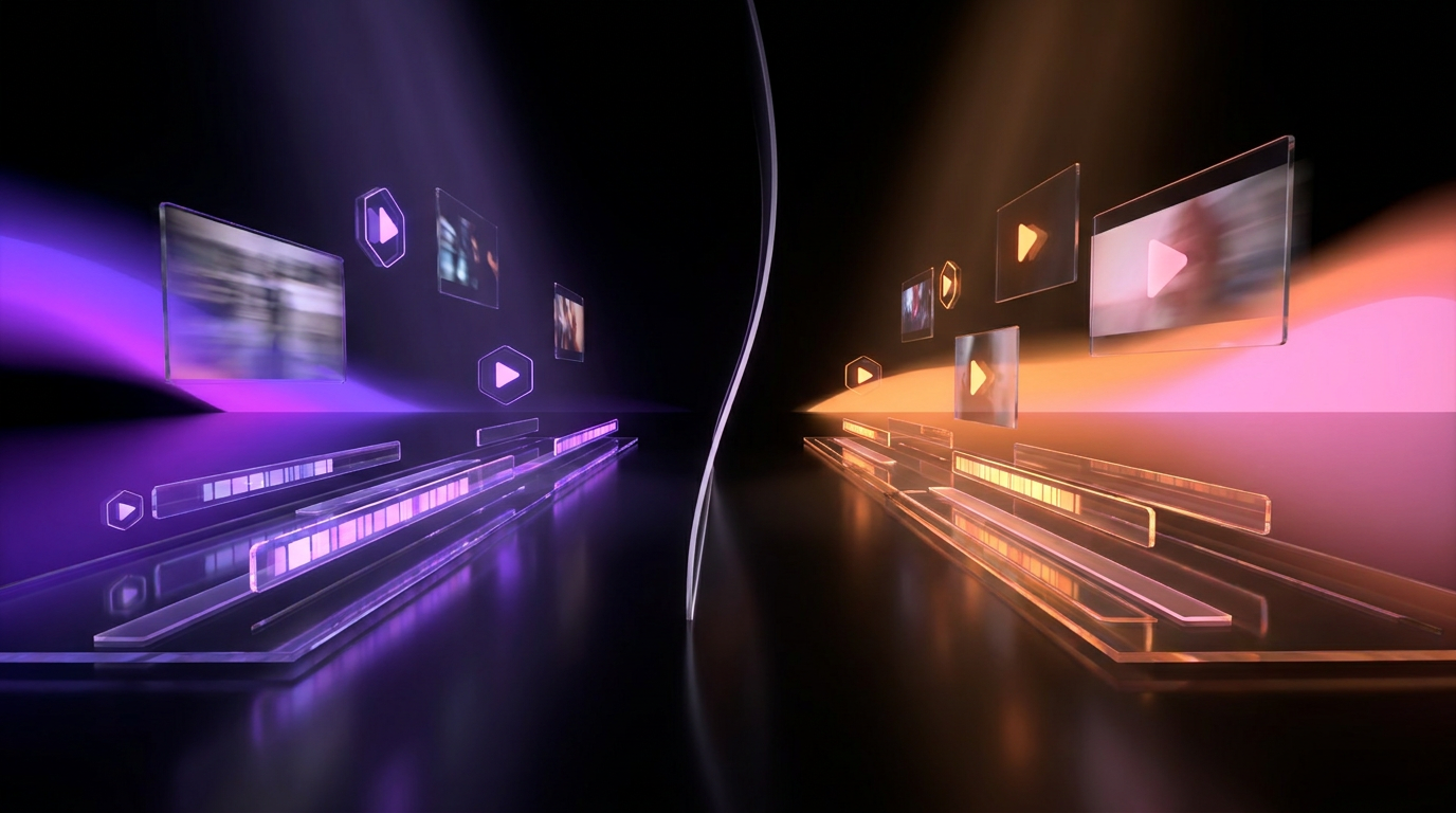3D rendering of digital scales balancing video editing icons with neon gradient lighting
