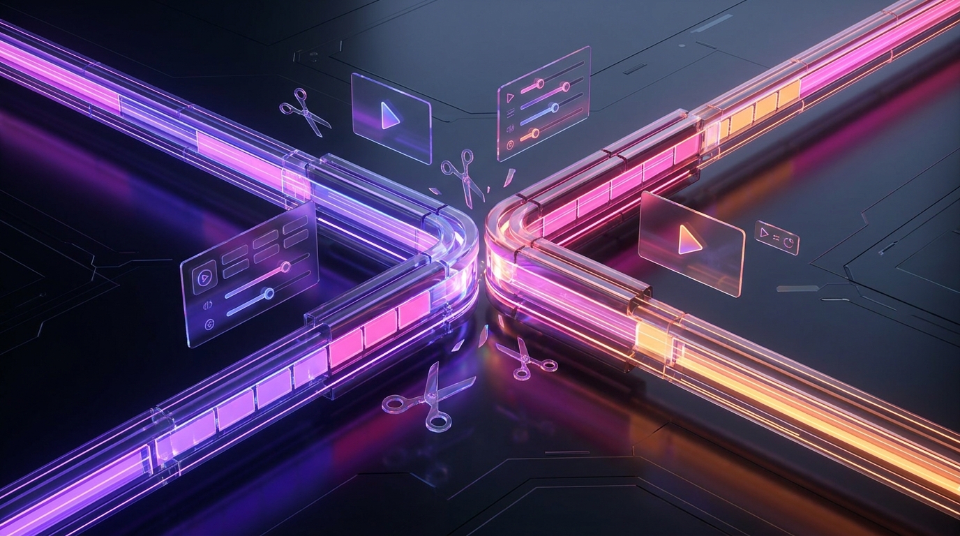 3D editorial illustration of futuristic video editing interfaces with glowing neon accents