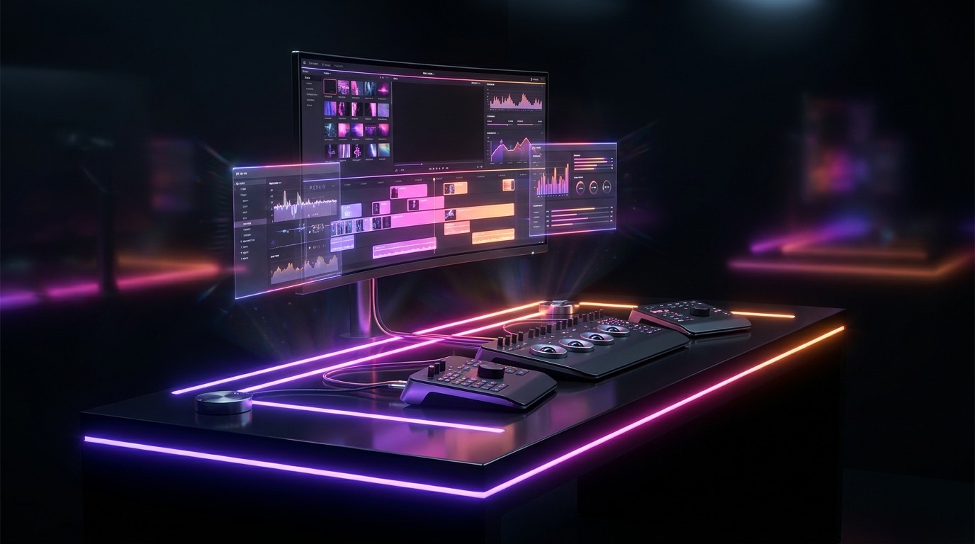 Glowing digital video editing timelines and social media icons on a dark background