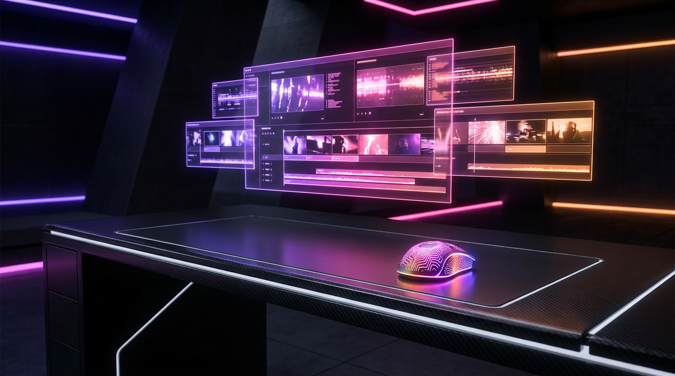 A futuristic robotic hand slicing a traditional film reel with neon colors.