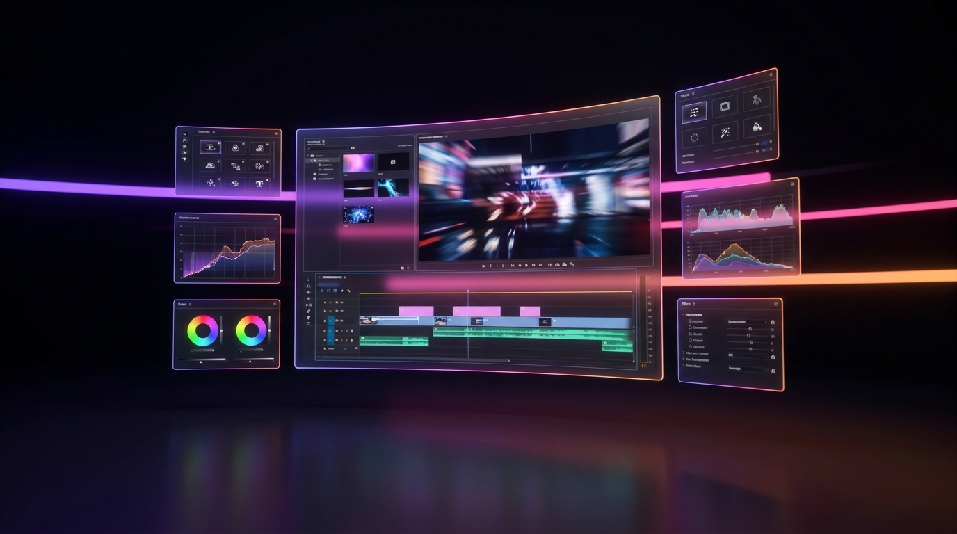 Futuristic video editing timeline with floating social media icons in neon gradients