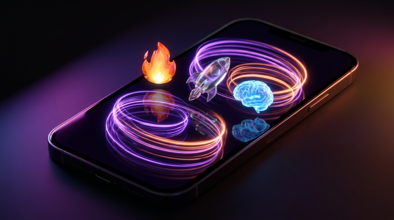 Neon glowing brain over a smartphone with flying 3D emojis on dark background