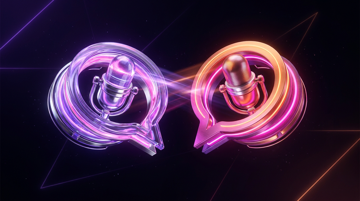 Two glowing digital speech bubbles over audio waves on a dark background