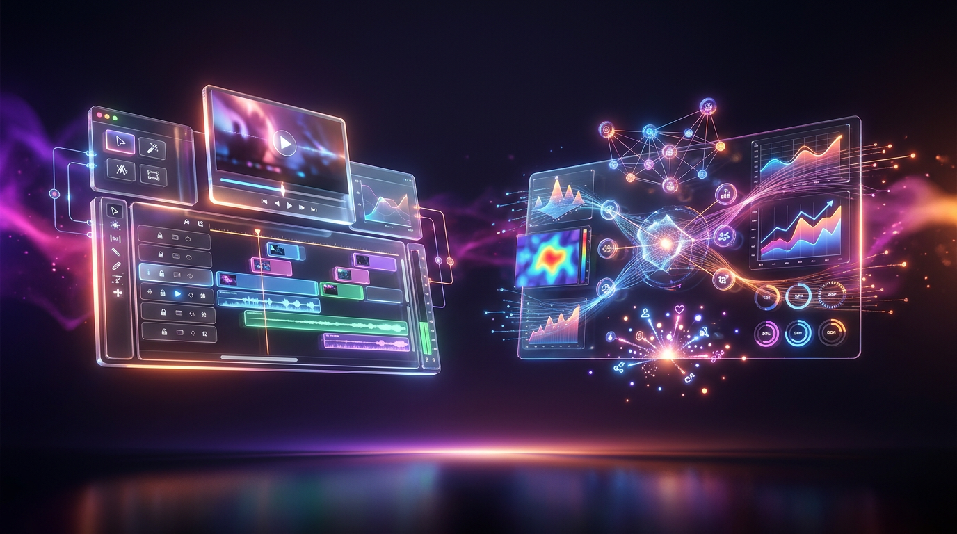 Futuristic 3D video editing timeline and glowing AI brain on a dark neon background