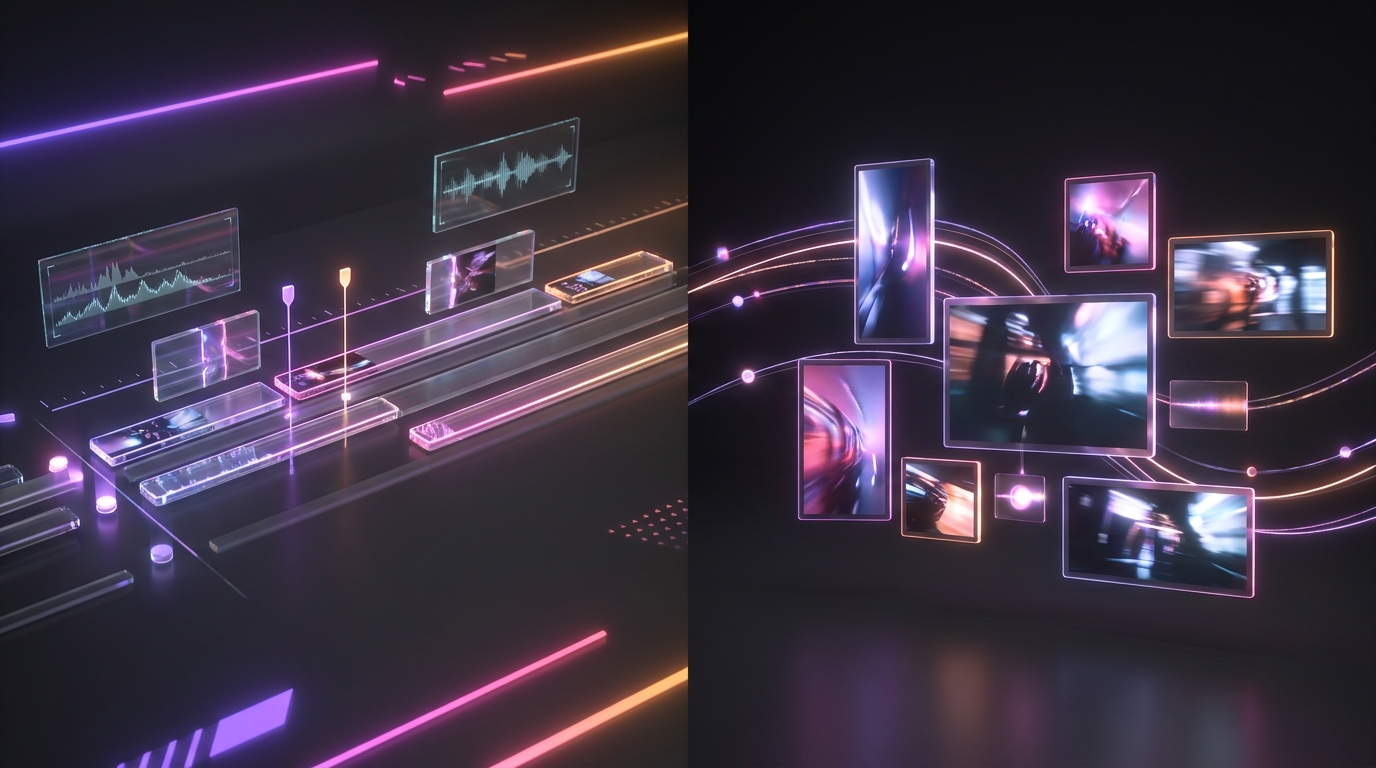 Split screen showing two futuristic glowing video editing timelines on dark background