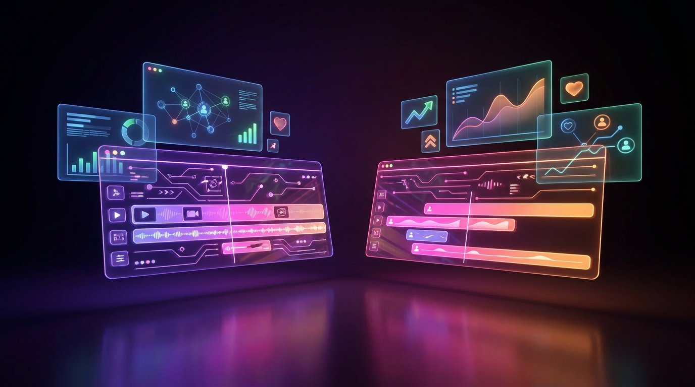 Two glowing futuristic video editing timelines clashing on a dark background