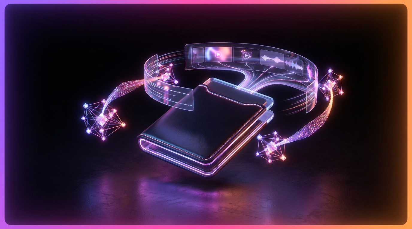 Glowing digital video play buttons and coins floating on a dark neon background