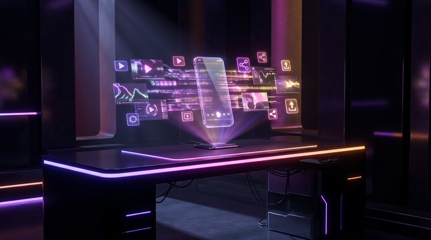 Futuristic glowing content calendar showing automated video scheduling in a dark workspace